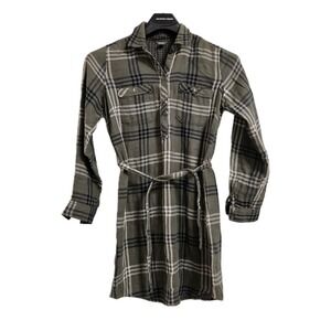 Eddie Bauer Green Plaid Soft Flannel Shirt Dress Size 6 Belted Side Pockets VGUC